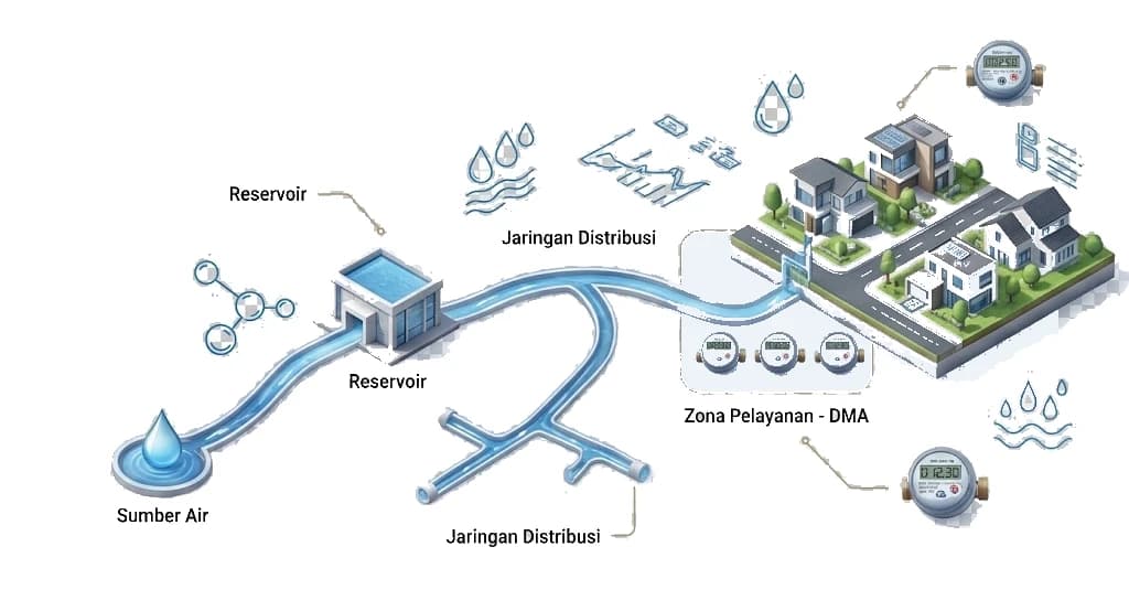 Ilustrasi sistem penyediaan air minum dari sumber air, reservoir, jaringan distribusi sampai zona pelayanan DMA